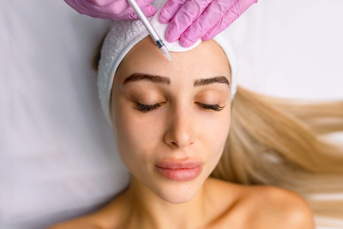 Close up of hands of young cosmetologist injecting botox in female face.