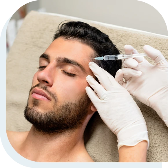 From above anonymous beautician in latex gloves injecting botulinum toxin into forehead of bearded young male